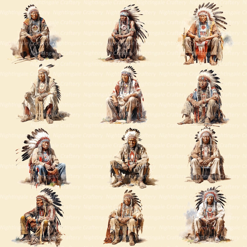 K&ouml;nnte beinhalten: Aquarellillustrationen von indianischen H&auml;uptlingen in traditioneller Kleidung, einschlie&szlig;lich Federhauben und detaillierter Kleidung. Die H&auml;uptlinge sind sitzend dargestellt, mit unterschiedlichen Ausdr&uuml;cken und Posen, vor einem neutralen Hintergrund.