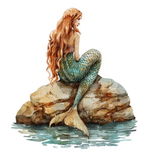 May include: A watercolor painting of a mermaid with long red hair sitting on a rock. Her tail is green and gold and she is looking to the side. The rock is brown and has some green plants growing on it. The water is blue and there are some white bubbles in it.