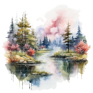 Puede incluir: Pintura acuarela de una escena de bosque con un lago en primer plano. Los &aacute;rboles son una mezcla de verde y marr&oacute;n, y el lago es de un azul profundo. El cielo es de un rosa y azul suave, con nubes.