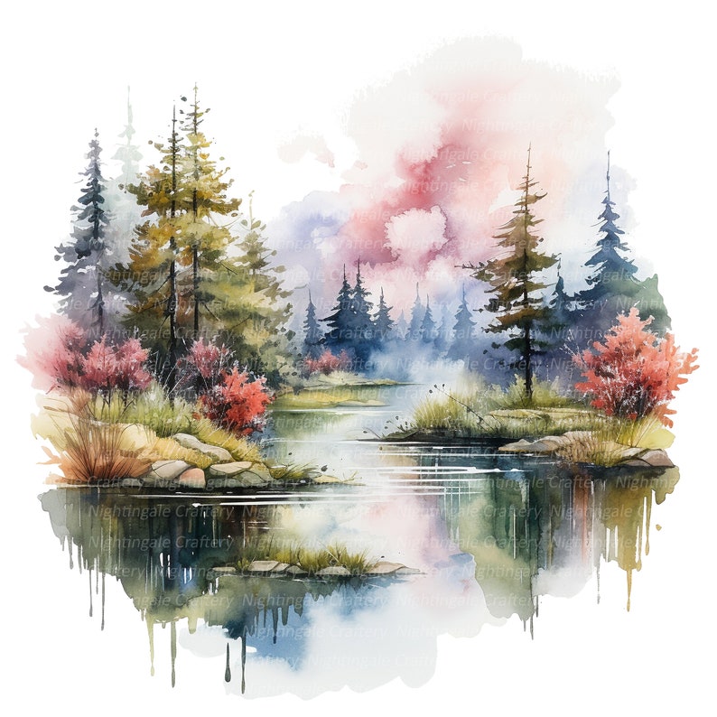 Puede incluir: Pintura acuarela de una escena de bosque con un lago en primer plano. Los &aacute;rboles son una mezcla de verde y marr&oacute;n, y el lago es de un azul profundo. El cielo es de un rosa y azul suave, con nubes.