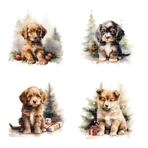 16 Clipart chiot de Noël, clipart chien, clipart aquarelle imprimable, fichiers JPG de haute qualité, téléchargement numérique, créations en papier, journal indésirable