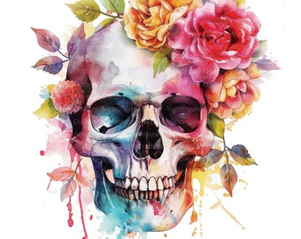 12 Floral Skull Clipart Set 3, Skull Print, Printable Watercolor clipart, High Quality JPGs, Digital download, Paper craft, junk journals