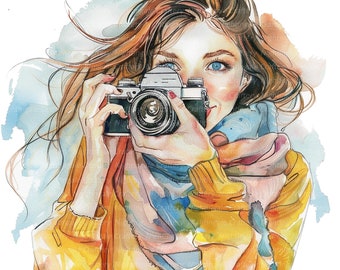 Könnte beinhalten: Ein Aquarellbild einer Frau mit langen braunen Haaren, die eine gelbe Jacke und einen bunten Schal trägt. Sie hält eine Vintage-Kamera vor ihr Gesicht und schaut durch den Sucher.