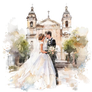 7 clipart de casal de casamento, igreja de casamento, clipart em aquarela para impressão, JPGs de alta qualidade, download digital, artesanato em papel, diário indesejado