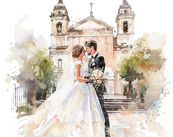 May include: A watercolor painting of a bride and groom kissing in front of a church. The bride is wearing a white wedding dress and the groom is wearing a black suit. The church is a traditional building with a steeple and stained glass windows.