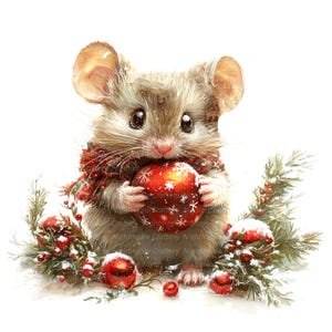 Op de afbeelding: Een schattige bruine muis met een rood-witte sjaal houdt een rode kerstbal vast met witte sneeuwvlokken. De muis is omringd door groene dennentakken met rode bessen en sneeuw.