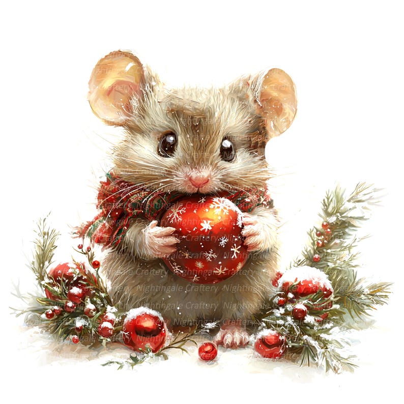 Op de afbeelding: Een schattige bruine muis met een rood-witte sjaal houdt een rode kerstbal vast met witte sneeuwvlokken. De muis is omringd door groene dennentakken met rode bessen en sneeuw.
