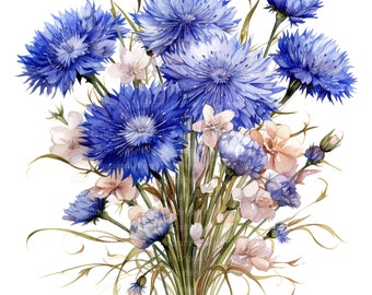 8 Cornflowers Bouquet Clipart, Blue Flowers Clipart, Printable Watercolor clipart, Digital download, Paper craft, junk journals