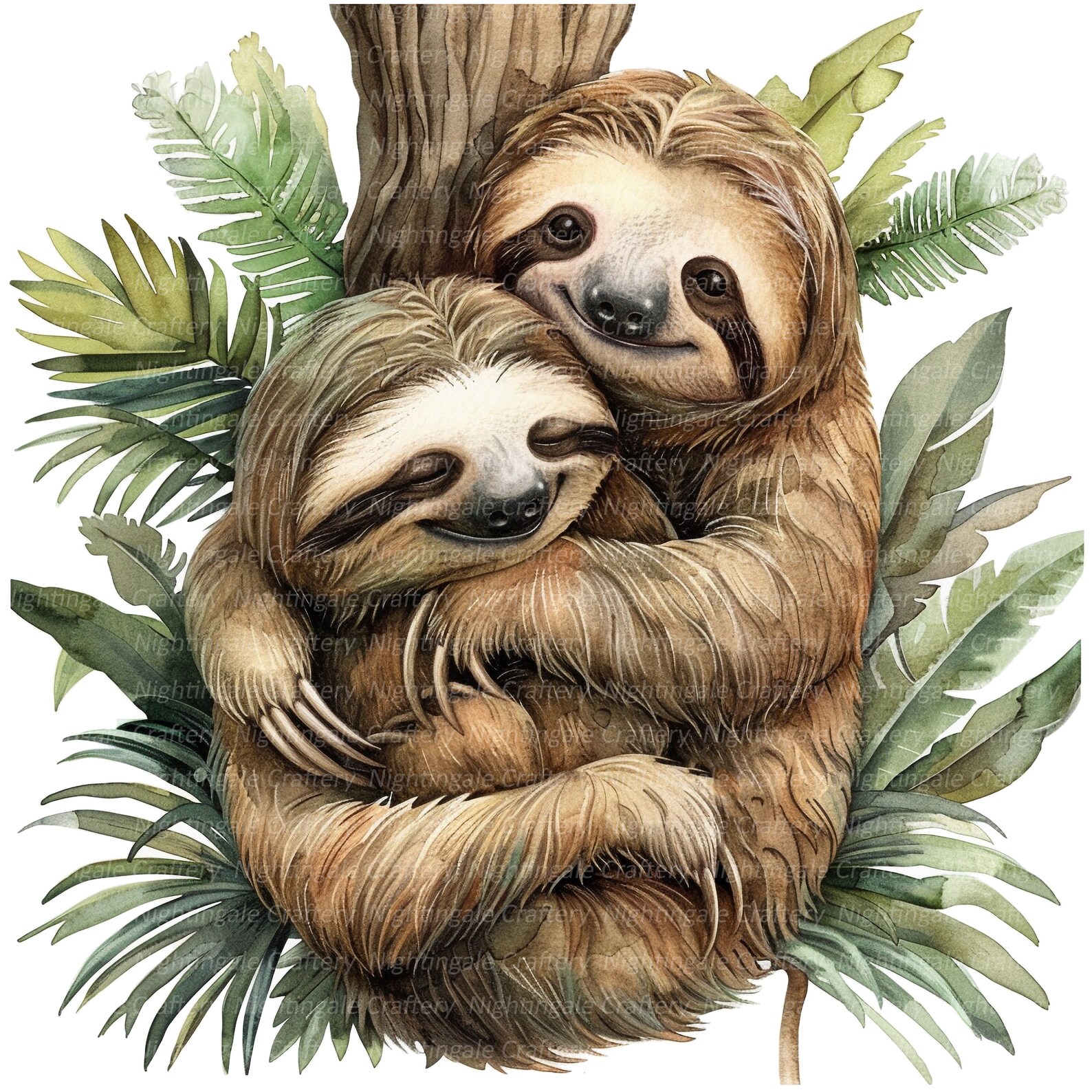 7 Sloths in Jungle Clipart, Sloths Friends, Printable Watercolor ...