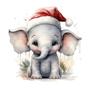8 Elefante en Santa Hat Clipart, Elefante bebé, Imágenes prediseñadas de acuarela imprimible, JPG de alta calidad, Descarga digital, Artesanía de papel, diario basura