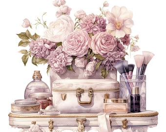 14 Vintage Floral Toiletry Clipart, Perfume, Printable Watercolor clipart, High Quality JPGs, Digital download, Paper craft, junk journals
