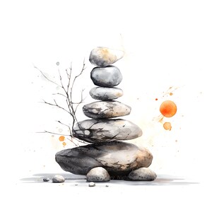 14 Zen Stones Art Clipart, Poster Zen, clipart acquerello stampabile, JPG di alta qualità, download digitale, creazione di carta, diario spazzatura