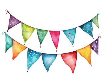 13 Party Bunting Clipart, Coloured Garland Clipart, Printable Watercolor clipart, High Quality PNGs, Digital download, Paper crafts