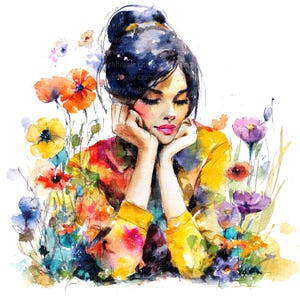 12 Clipart di donna floreale nel prato, sognante, clipart di acquerello stampabile, JPG di alta qualità, download digitale, artigianato di carta, diario spazzatura