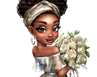 9 PNG Flowers Black Girl Clipart, Afro American Girl, Chibi girl, Printable Watercolor clipart, Digital download, Paper craft, journals