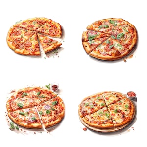 May include: Four different pizzas with various toppings, including red onion, green peppers, and basil. The pizzas are on white backgrounds with some having a small dish of red sauce.