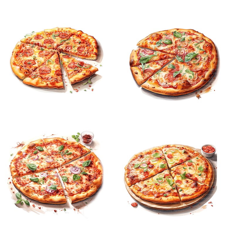 May include: Four different pizzas with various toppings, including red onion, green peppers, and basil. The pizzas are on white backgrounds with some having a small dish of red sauce.
