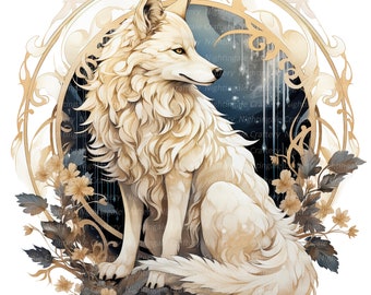 12 Christmas Wolf Clipart, Golden theme, Printable Watercolor clipart, High Quality PNGs, Digital download, Paper crafts, junk journals