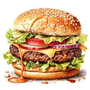 Op de afbeelding: Een sappige cheeseburger met sla, tomaat, ui en een sesamzaadjesbroodje. De burger druipt van de saus en ziet er heerlijk uit.