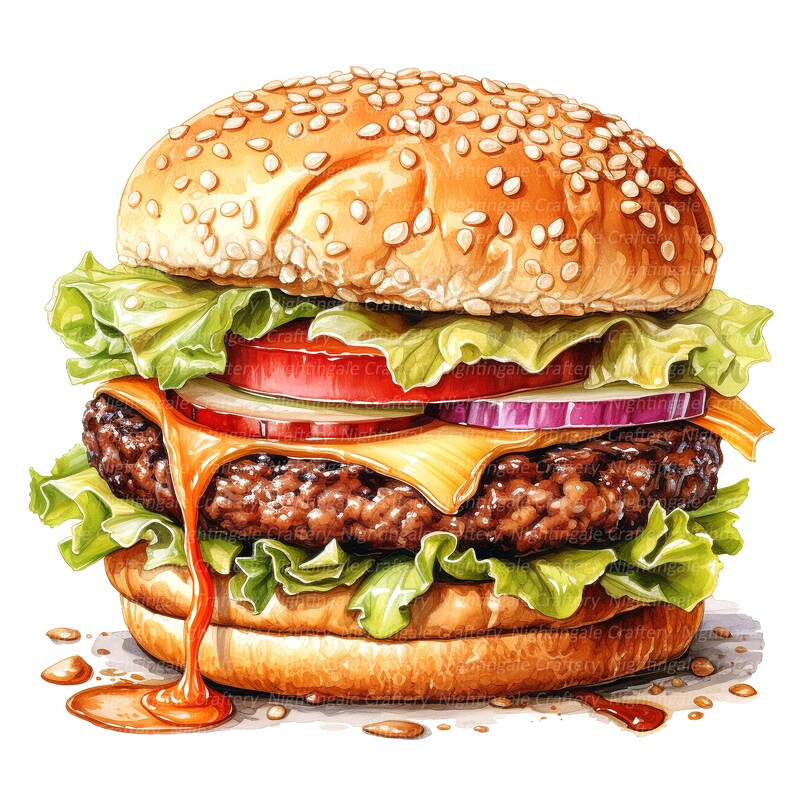 Op de afbeelding: Een sappige cheeseburger met sla, tomaat, ui en een sesamzaadjesbroodje. De burger druipt van de saus en ziet er heerlijk uit.