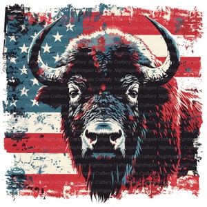 May include: A graphic illustration of a bison with the American flag in the background. The bison is depicted in shades of red, black, and blue, with large curved horns. The flag design features red and white stripes and white stars on a blue field.