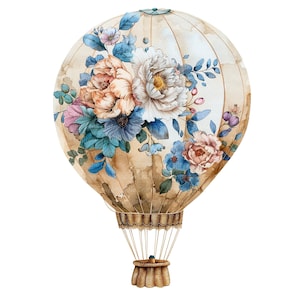12 imágenes prediseñadas de globo aerostático, globo vintage floral, imágenes prediseñadas de acuarela imprimible, JPG de alta calidad, descarga digital, artesanía de papel, revistas