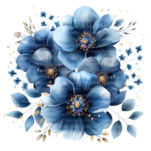 8 marineblauwe bloemen clipart, bloemen print, afdrukbare aquarel clipart, hoge kwaliteit jpg's, digitale download, Paper Craft, ongewenste tijdschriften