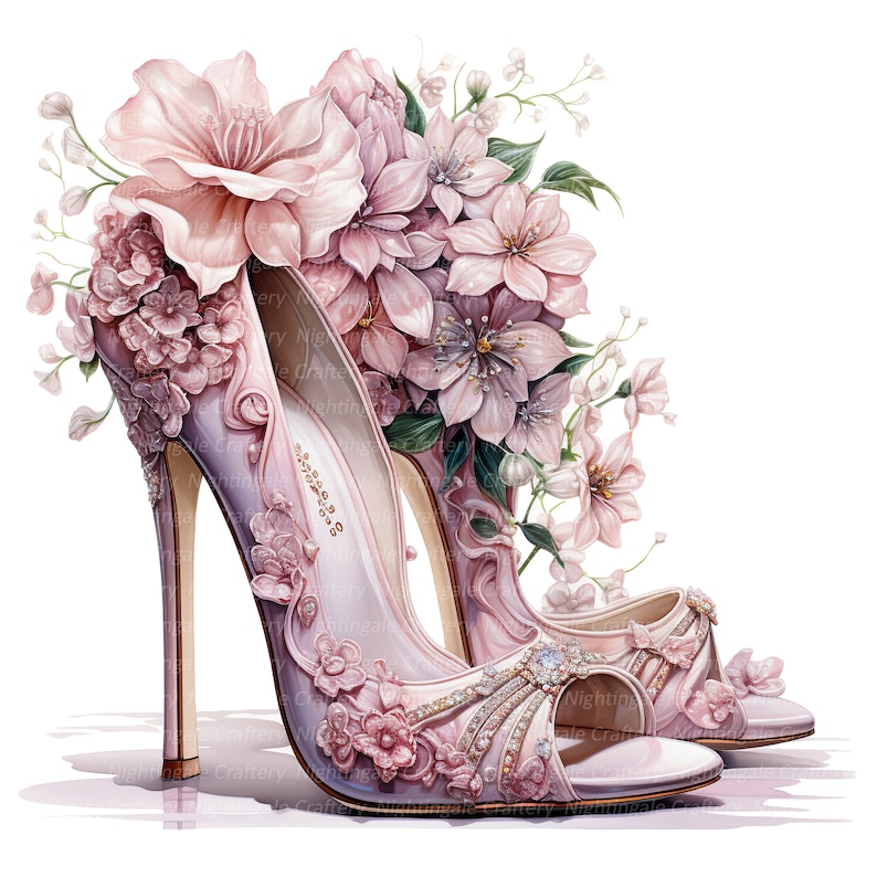 Peut inclure: Une paire de chaussures &agrave; talons hauts avec un motif floral d&eacute;licat. Les chaussures sont en tissu rose clair et sont orn&eacute;es de fleurs roses et de strass. Les chaussures sont une pi&egrave;ce ma&icirc;tresse pour toute occasion sp&eacute;ciale.