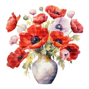 Clipart coquelicots, coquelicots dans un vase, coquelicot imprimable, clipart aquarelle, 10 fichiers JPG de haute qualité, téléchargement numérique, créations en papier, journal indésirable