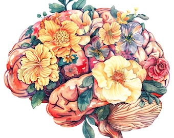 10 Floral Human Brain Clipart, Anatomical Brain, Printable Watercolor clipart, High Quality JPGs, Digital download, Paper craft, journals