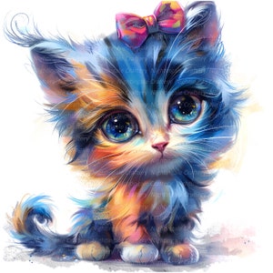 12 Kitten With Bow Clipart, Hyperrealistic, Printable Watercolor clipart, High Quality JPG/PNG, Digital download, Paper craft, junk journals