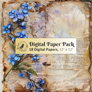 18 Forget Me Not en Lace-papier, 12 x 12 digitaal papierpakket, Junk Journal Paper, Scrapbookpapier, Afdrukbaar papier, Hoge kwaliteit JPG's