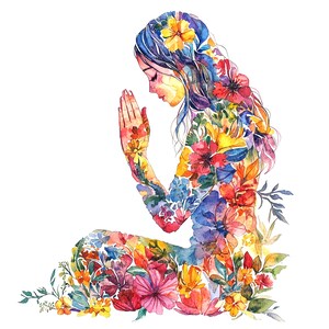 May include: Watercolor illustration of a person in a meditative pose, composed of colorful flowers. The figure's form is filled with blooms in shades of red, yellow, blue, and purple. The person's hair is blue and adorned with yellow flowers.