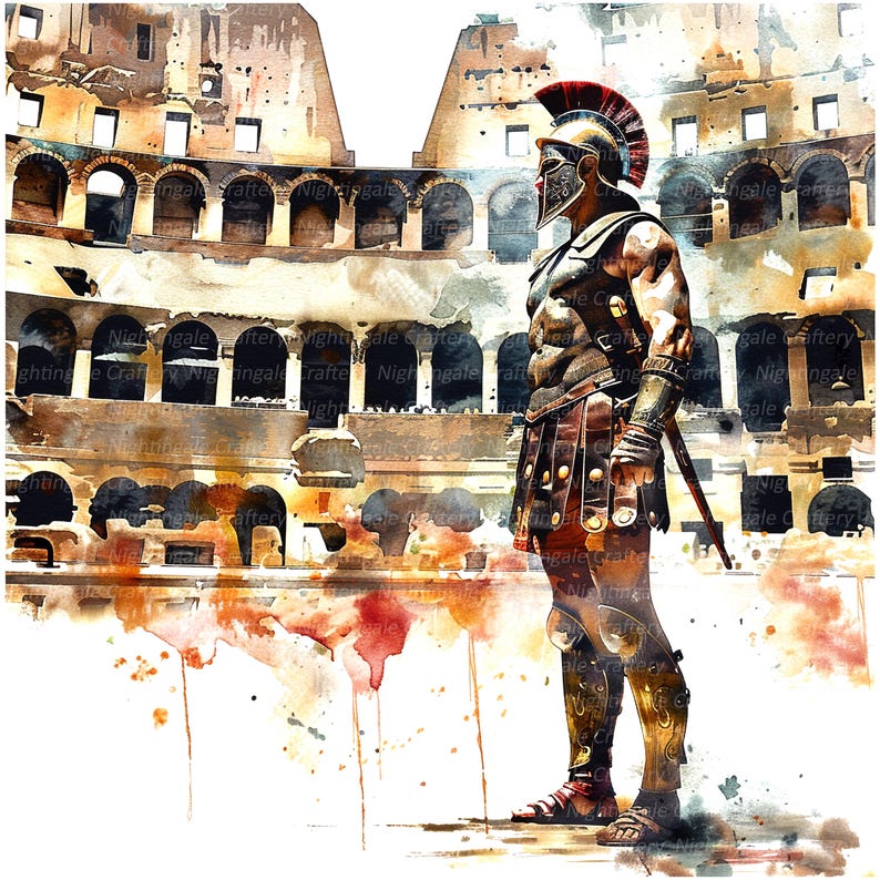 Op de afbeelding: Een aquarel van een Romeinse gladiator die voor het Colosseum staat. De gladiator draagt een helm en harnas en houdt een zwaard vast. Het Colosseum is op de achtergrond en is gedeeltelijk verwoest.