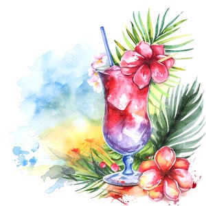 12 Clipart di cocktail hawaiani, cocktail da spiaggia, clipart acquerello stampabili, PNG di alta qualità, download digitale, lavoretti di carta, diario di scarto