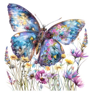 12 papillon en fleurs Clipart, fleurs sauvages, clipart aquarelle imprimable, PNG de haute qualité, téléchargement numérique, créations en papier, journal indésirable