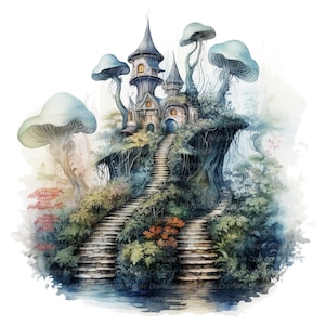 9 Clipart maison de fée champignon magique, clipart aquarelle imprimable, fichiers JPG de haute qualité, téléchargement numérique, haute résolution, créations en papier