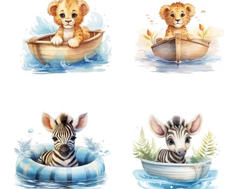16 Baby Animals in Boat Clipart, Nursery Animals Wall Art, Printable Watercolor clipart, High Quality JPGs, Digital download, Paper craft
