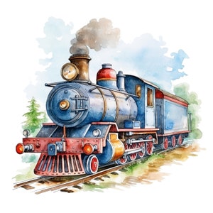 10 Cartoon Locomotives Clipart, Antique Train, Printable Watercolor clipart, High Quality JPGs, Digital download, Paper craft, junk journal image 8