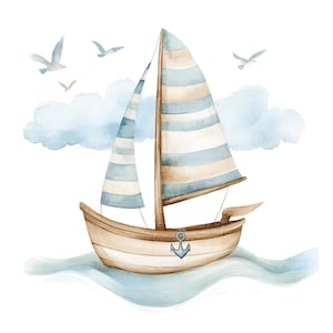 May include: A watercolor painting of a sailboat with blue and white striped sails, a brown wooden hull, and an anchor. The sailboat is sailing on a blue ocean with white clouds in the background. There are three white seagulls flying in the sky.
