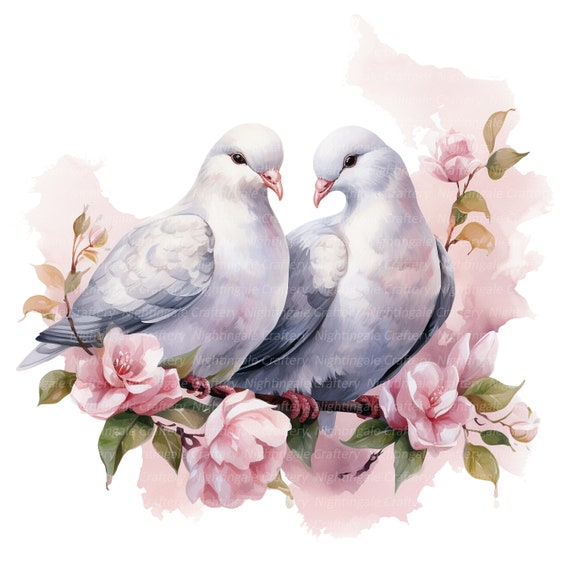 ワンダーデコール　LOVE DOVES 12 Romantic Doves Couple Clipart, Love Doves, Printable Watercolor