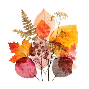 Puede incluir: Un conjunto de hojas otoñales coloridas en tonos rojos, naranjas, amarillos y marrones, sobre un fondo blanco. Las hojas varían en tamaño y forma, con venas visibles y texturas delicadas. Algunas hojas son translúcidas.