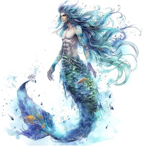 May include: A watercolor painting of a merman with long blue hair and a green and blue fishtail. The merman is standing with his arms at his sides and his tail is flowing behind him. The painting is set against a white background.