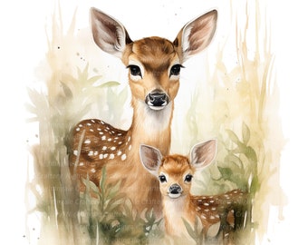 10 Fawn with Baby, Fawn in Forest Clipart, Printable Watercolor clipart, High Quality PNGs, Digital download, Paper crafts, junk journals