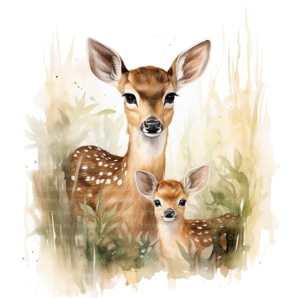 10 Fawn with Baby, Fawn in Forest Clipart, Printable Watercolor clipart, High Quality JPGs, Digital download, Paper crafts, junk journals