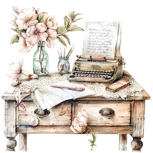 12 Writer's Desk tafel clipart, schrijver clipart, afdrukbare aquarel clipart, hoge kwaliteit png's, digitale download, Paper Craft, junk Journal