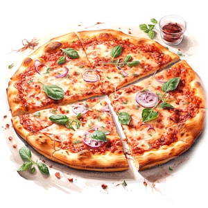 May include: A pizza with red sauce, mozzarella cheese, red onion, and basil leaves. The pizza is cut into six slices and one slice is pulled away from the rest.