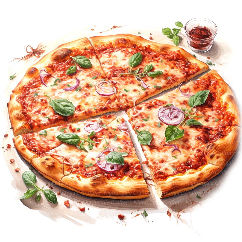 May include: A pizza with red sauce, mozzarella cheese, red onion, and basil leaves. The pizza is cut into six slices and one slice is pulled away from the rest.