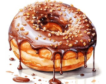 Puede incluir: Una dona glaseada con chocolate y espolvoreada con chispas, rociada con glaseado de chocolate. La dona está sobre un fondo blanco.