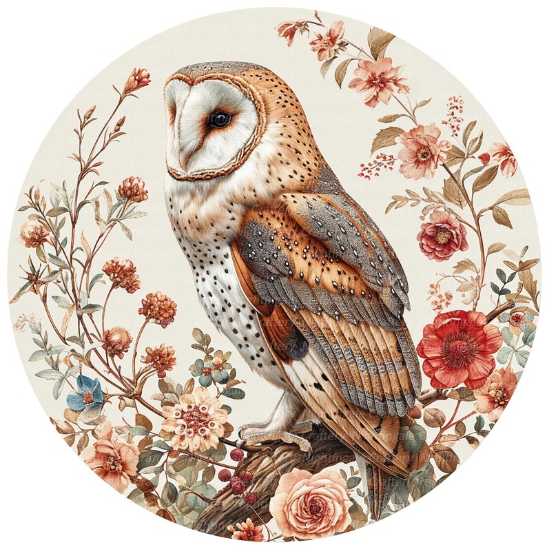 Peut inclure: Un hibou des granges blanc et brun perch&eacute; sur une branche avec des fleurs roses, rouges et blanches. Le hibou a un visage blanc avec des yeux noirs et un corps brun avec des taches blanches.